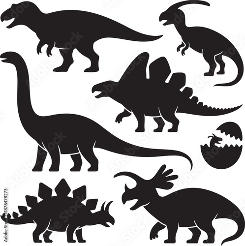 Vector illustration of dinosaur silhouette including Stegosaurus, Brontosaurus, Velociraptor, Triceratops, Tyrannosaurus rex, and Spinosaurus.