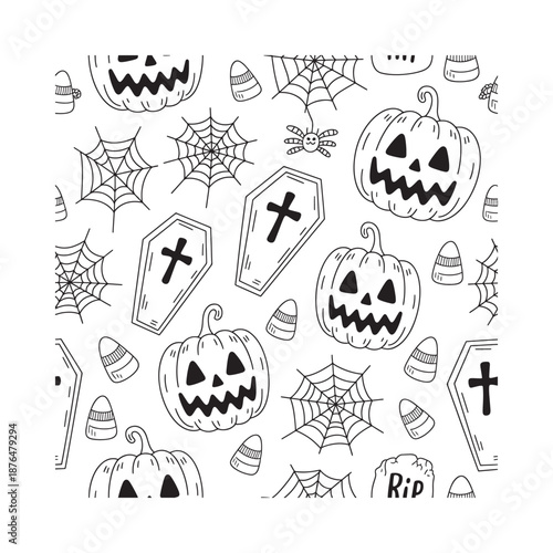 halloween themed illustrations with pumpkins spiders and coffins
