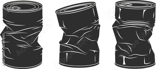 Three black rolled up objects in different positions silhouette on transparent background