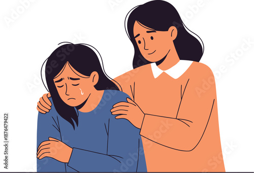 Illustration of a woman comforting another woman with a silhouette on transparent background