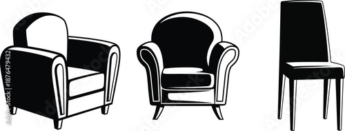 Three chair silhouettes on transparent background high quality