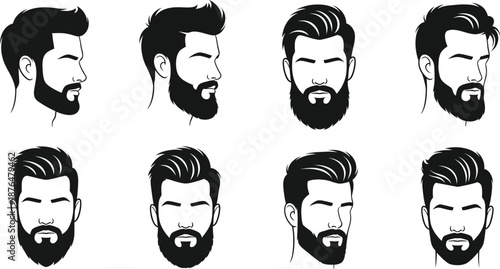 Collection of eight different men s hairstyles and beards silhouette on transparent background
