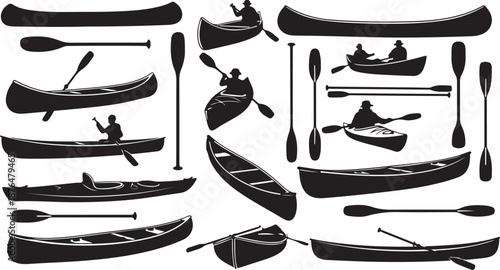 Kayak and paddle silhouettes on white background illustration set