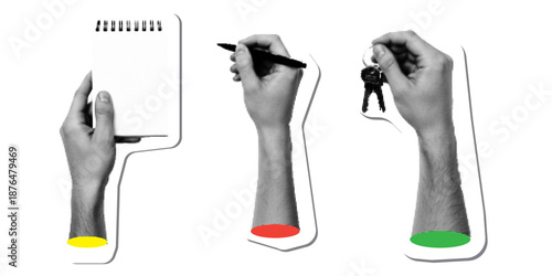 Hands set holding notebook, writing with pen and holding house keys, retro halftone pop art sticker style illustration