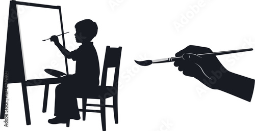 silhouette of a boy painting on an easel with a brush on transparent background