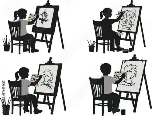 four different artistic poses of a girl painting on transparent background silhouette