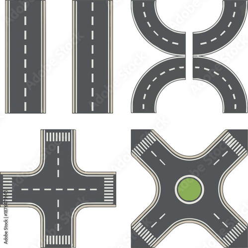 Create A vector illustration of a road. City street road seamless elements set. Roads parts pieces builder straight, curved, crossing, roundabout