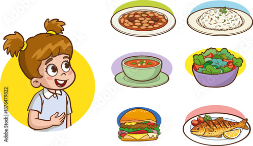 A vector illustration of a dinner set consisting of various dishes. A cute child is hungry and wants to choose their favorite food.