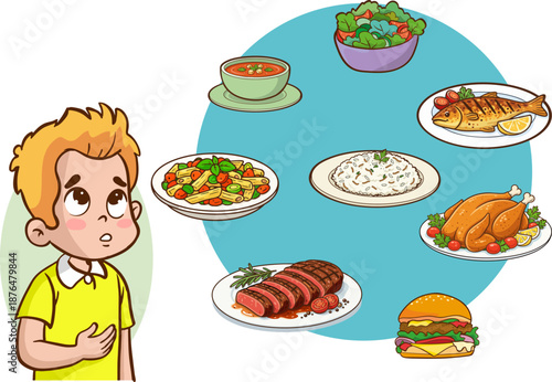 A vector illustration of a dinner set consisting of various dishes. A cute child is hungry and wants to choose their favorite food.