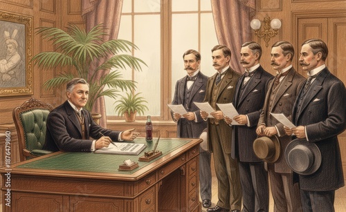 Business meeting scene featuring a man in a suit seated at a desk, surrounded by five men in formal attire, discussing important matters in a classic office setting with vintage decor