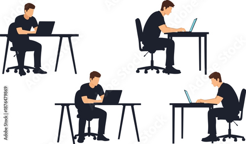 Four men working on laptops in different positions silhouette on transparent background
