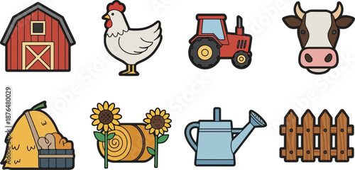 Farm icons including barn chicken tractor.