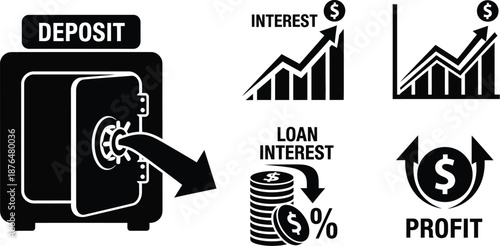Financial icons including a safe and graphs on transparent background silhouette