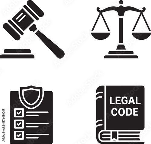 Create need kinds of Law and justice solid icon set. Legal symbols for court and ethics, including judge gavel, balance scale, shield, compliance checklist, and law book. Vector glyphs on without Back