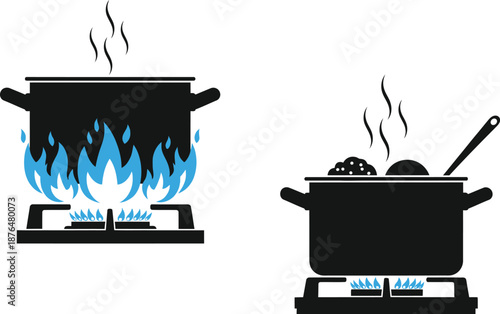 black pots on gas stove with flames and silhouette on transparent background