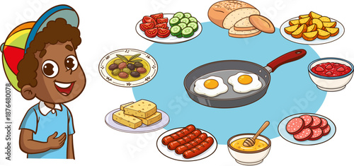 A cute and colorful breakfast food illustration set featuring various ingredients like eggs, cheese, sausages, olives, vegetables, honey, and spreads in a friendly cartoon style.