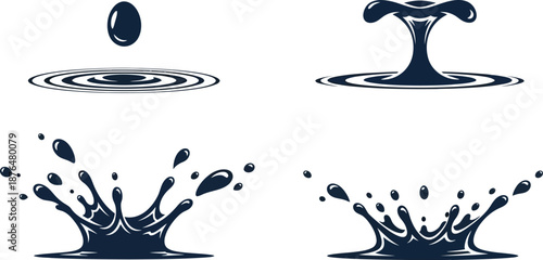 Water drop splash effects in different stages silhouette on transparent background
