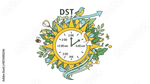 Colorful clock showing daylight saving time change with birds and flowers spring forward