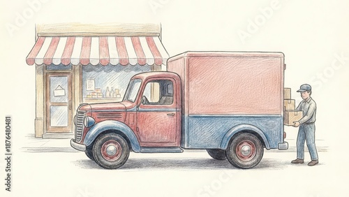 Vintage red and blue delivery truck parked outside a quaint shop, with a man unloading boxes, showcasing a nostalgic scene of commerce and community