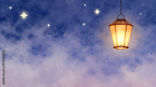 A glowing lantern hangs suspended in a starry night sky with clouds at dusk or dawn