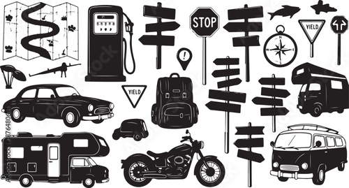 Travel and transportation icons in black and white style