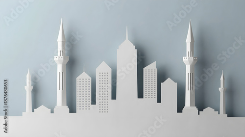 A white paper cutout of a city skyline with skyscrapers and mosques on a light blue background