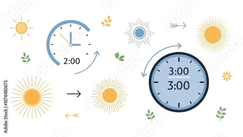 Colorful clocks and suns with arrows showing time transition from 2 to 3