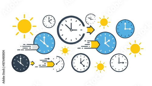 Colorful clocks with sun symbols and arrows showing time progression yellow blue