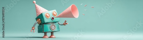 A whimsical robot character wearing a party hat, holding a megaphone, exuding a playful and festive vibe against a pastel background, cute St. Patrick's robot with space for text