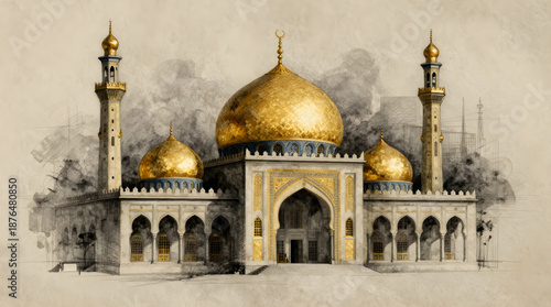 A beautiful mosque with golden domes and minarets on a beige background with smoke effects