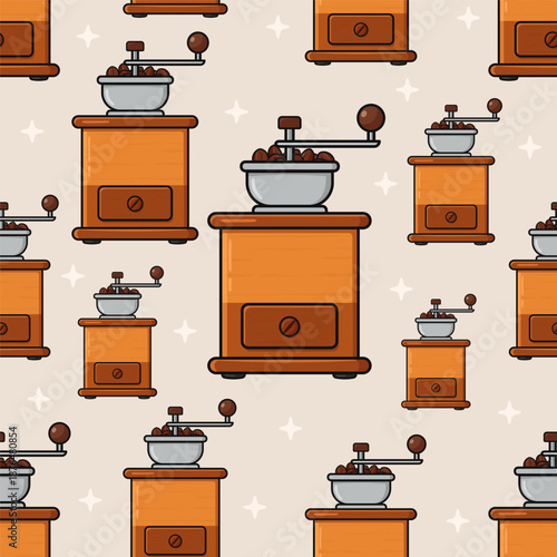 Manual coffee grinders creating seamless pattern for caffeine