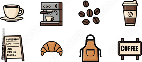 Coffee Icons Set with Coffee Maker and Cup.