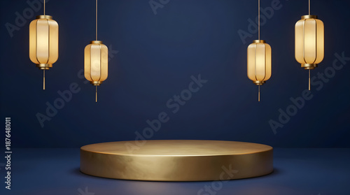 A round gold platform stands alone in a dark blue room with four hanging lanterns providing warm lighting