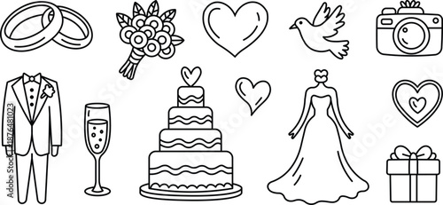 Wedding Love Icons Line Outline Vector Set