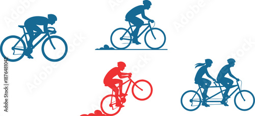 Four blue bicycle riders in different positions silhouette on transparent background