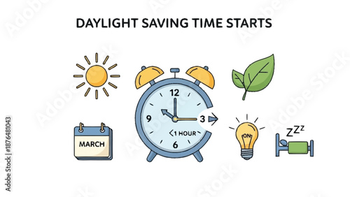 Daylight Saving Time Starts with Clock Calendar Sun and Bed March