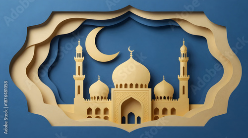 A 3D paper cutout of a mosque with domes and minarets under a crescent moon on a blue background