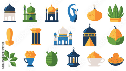 Colorful Islamic architecture and food with domes mosques and dishes minaret blue