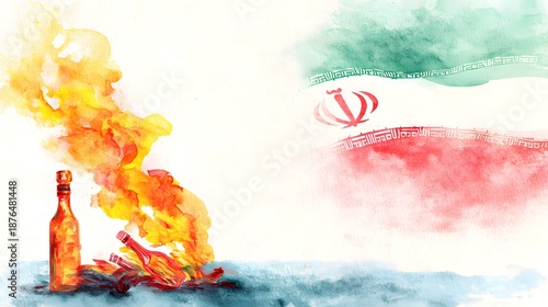 Iranian Hope Symbolic Watercolor Illustration Fire Bottle Flag Artistic Political Concept Design