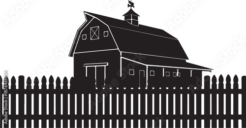 Black silhouette of house and building set, variety of residential homes and farm barns in different architectural styles for real estate design