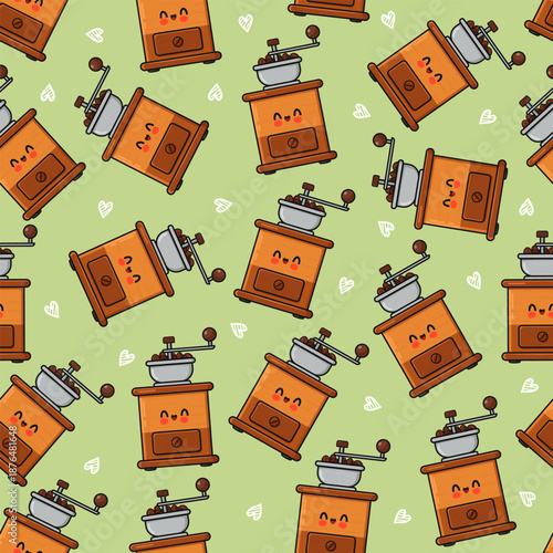 Cute coffee grinder seamless pattern with smiling faces