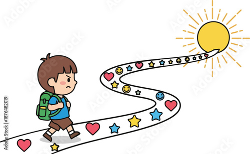 Young boy with backpack walking on a path towards the sun.