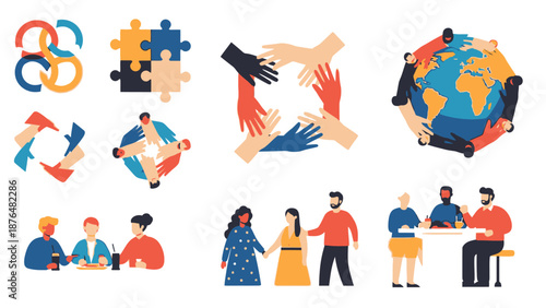 Colorful of people collaborating and connecting with puzzle pieces and hands collaboration