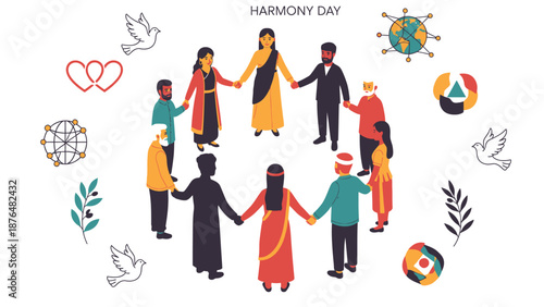 Diverse group of people holding hands in a circle for Harmony Day celebration diverse people