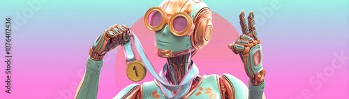A futuristic robot proudly holds a gold medal, a blend of technology and achievement against a vibrant, colorful background, cute St. Patrick's robot with space for text