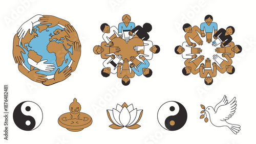 Diverse group of people holding hands around the with symbols of peace and unity