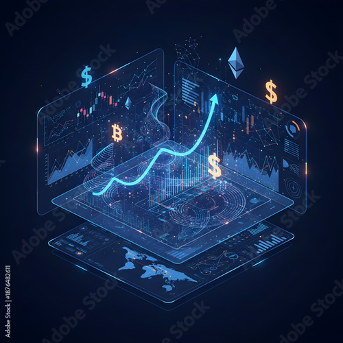 Futuristic digital economy illustration featuring holographic financial charts, currency symbols, and data dashboards in a modern fintech style with neon accents and professional depth.