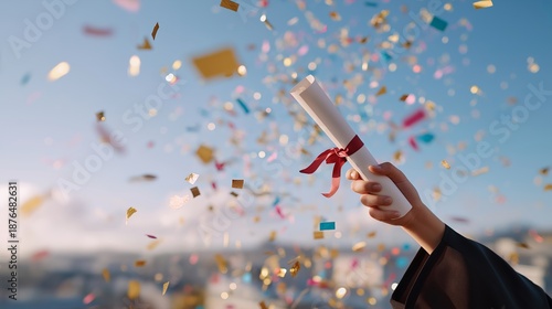 Wallpaper Mural A festive celebration scene shows a graduation cap flying above while a rolled diploma is held proudly, surrounded by a vibrant shower of colorful confetti, symbolizing success and achievement. Torontodigital.ca