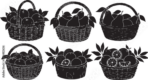 Six black and white baskets of fruit illustrations