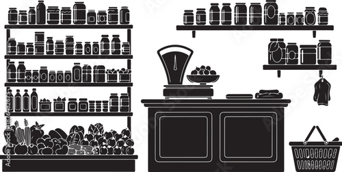 Black and white illustration of a grocery store interior